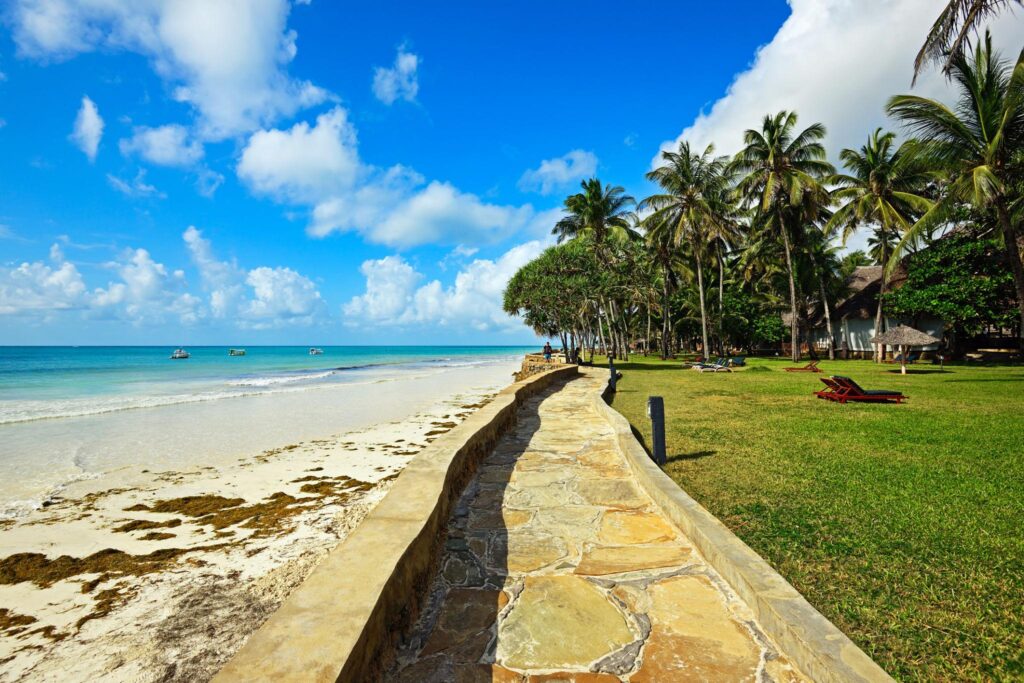 Diani Beach coastline south of Mombasa with visible coral reef at low tide